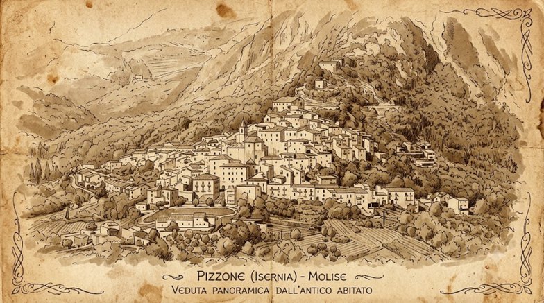 Antica incisione del paese di Pizzone (Isernia), Molise