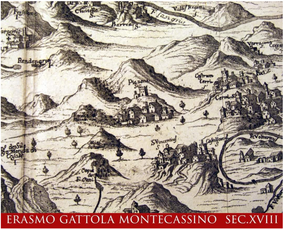 Antica incisione di Pizzone, Erasmo Gattola, Montecassino, XVIII secolo
