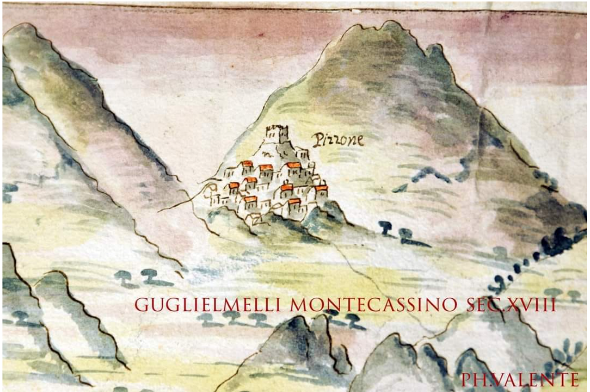 Antica veduta acquerellata di Pizzone, Guglielmelli, Montecassino, XVIII secolo